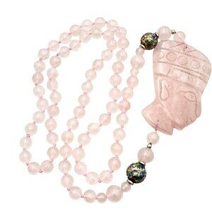 Vintage Womens Necklace Carved Rose Quartz Egyptian Design 238" Length